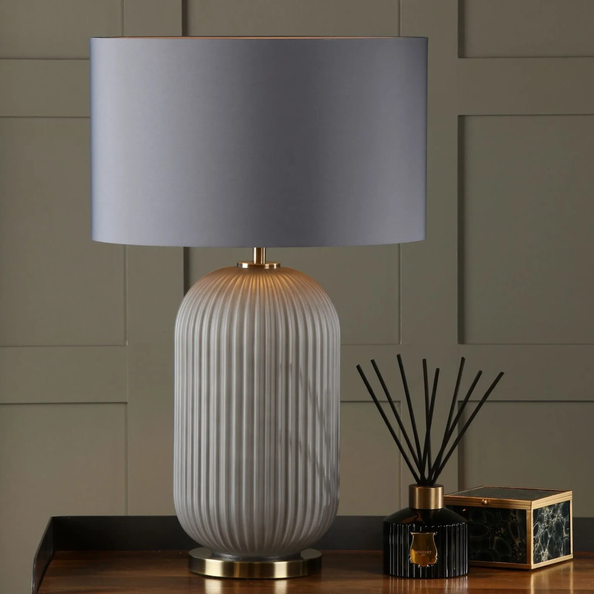Helicon Ribbed Glass Table Lamp - Grey, Antique Brass product