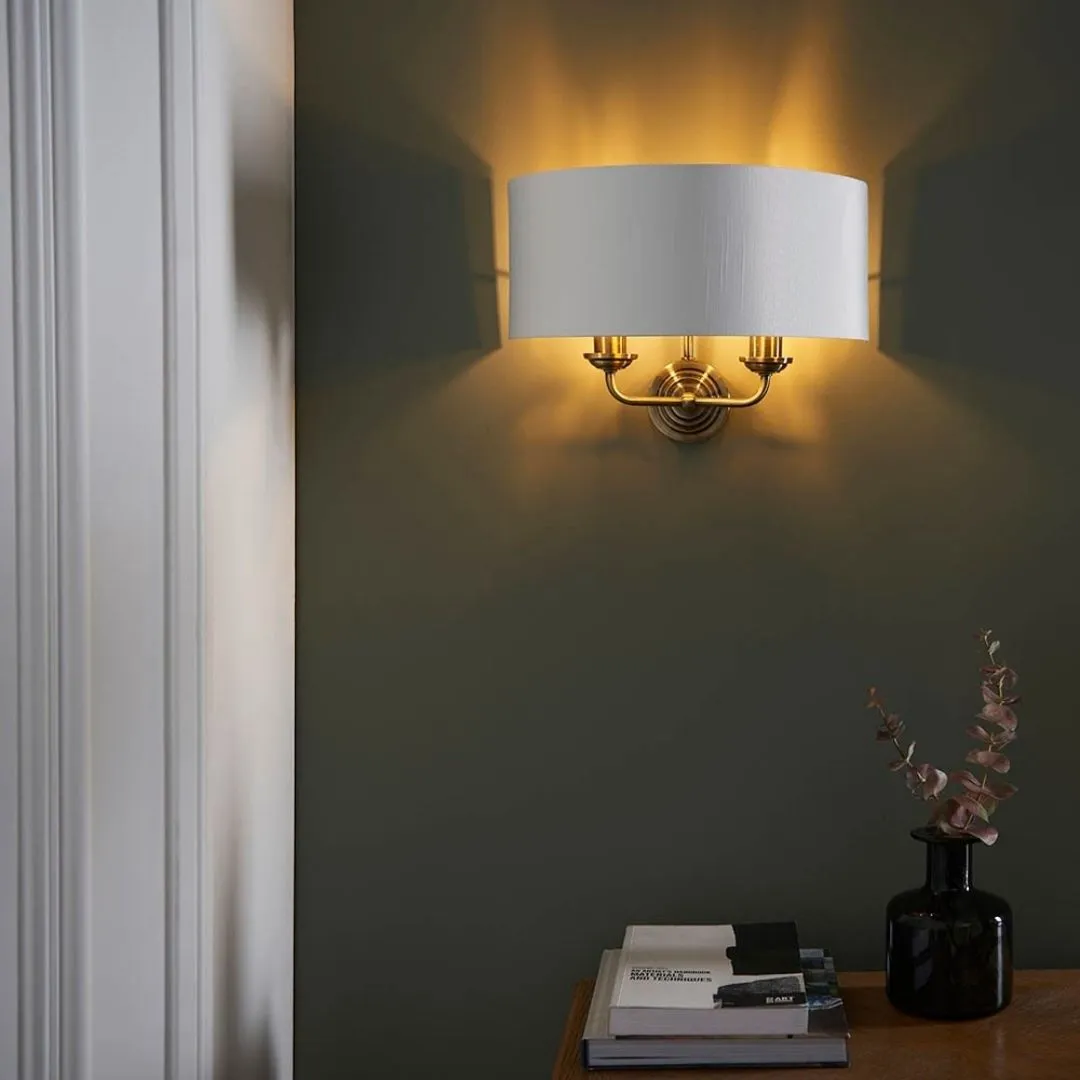 Highclere 2-Light Wall Light - Antique Brass, White Fabric product