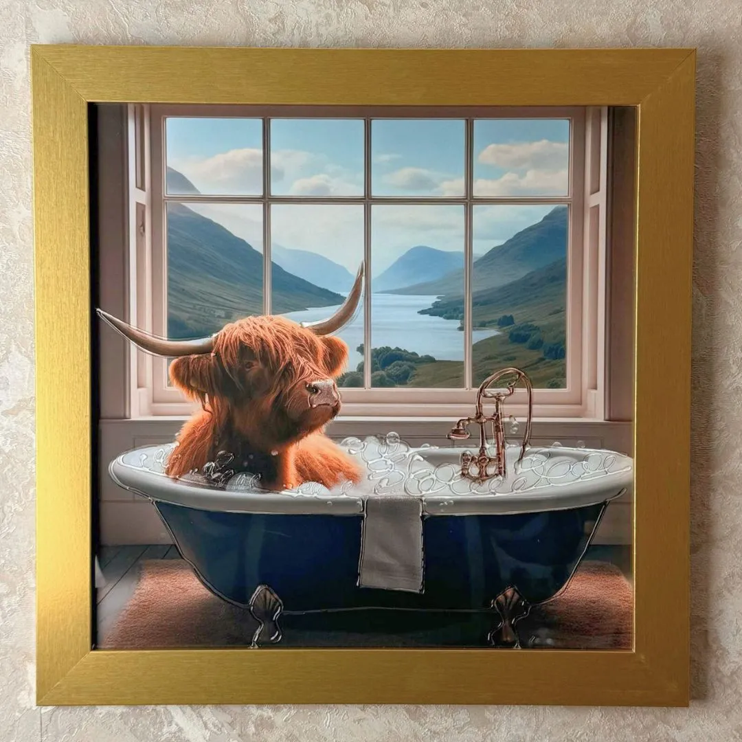 Highland Cow in the Bath II Square Wall Art - Gold Frame product