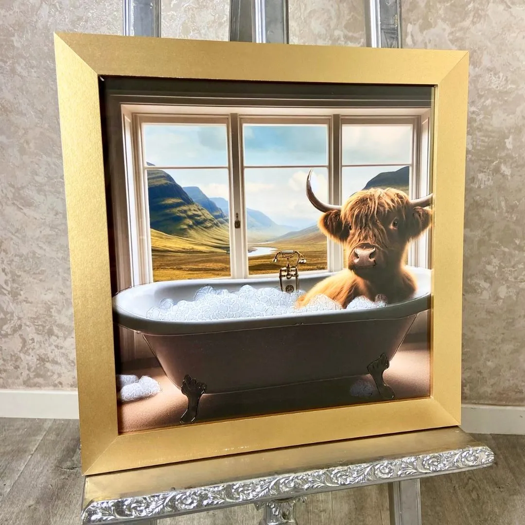 Highland Cow in the Bath Wall Art - Gold Frame product