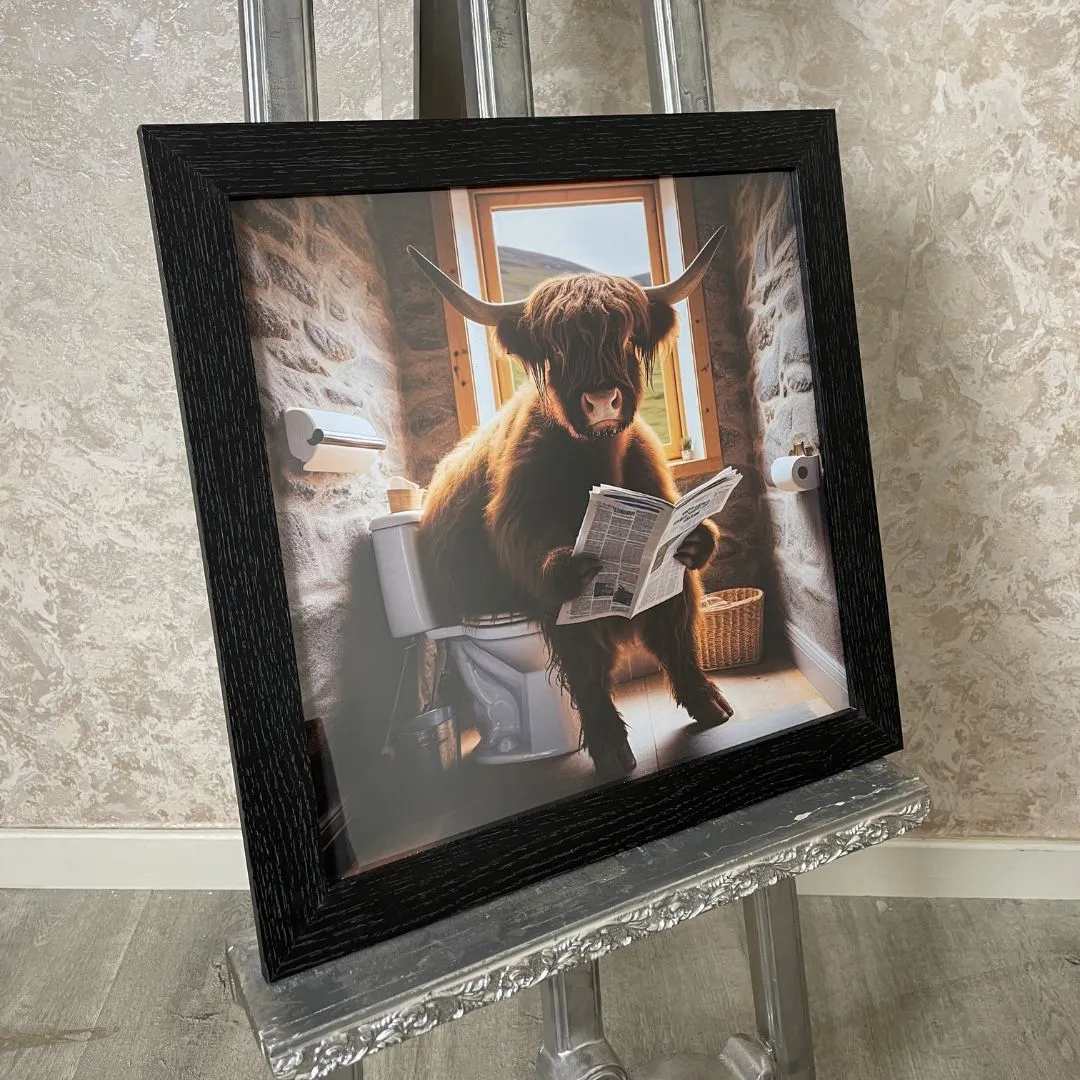 Highland Cow on the Lavatory Square Artwork - Black, Wood product