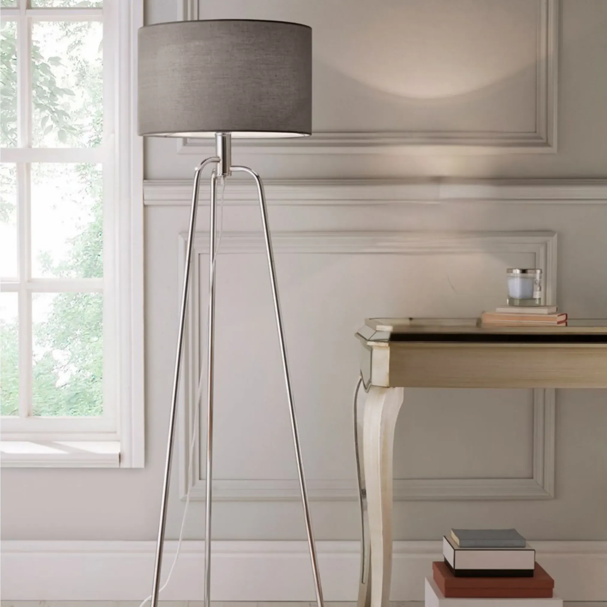 Jerry Tripod Floor Lamp - Polished Chrome, Grey Drum Shade product