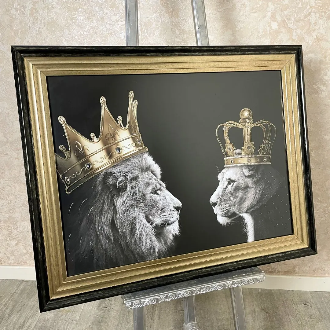 King & Queen Lions with Gold Crowns Framed Wall Art - Black, Gold product