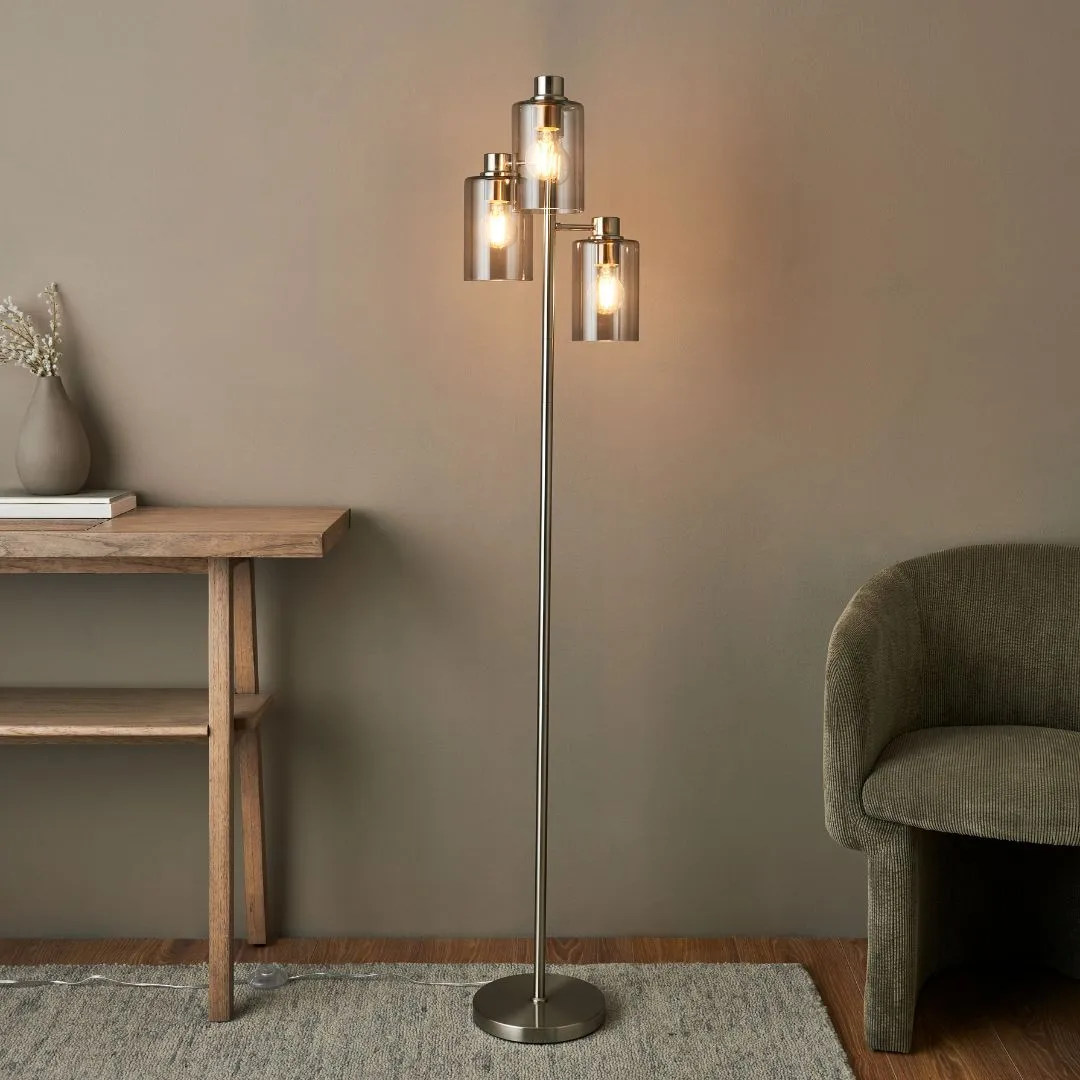 Kingsholm 3-Light Floor Lamp - Satin Nickel, Smoked Glass product