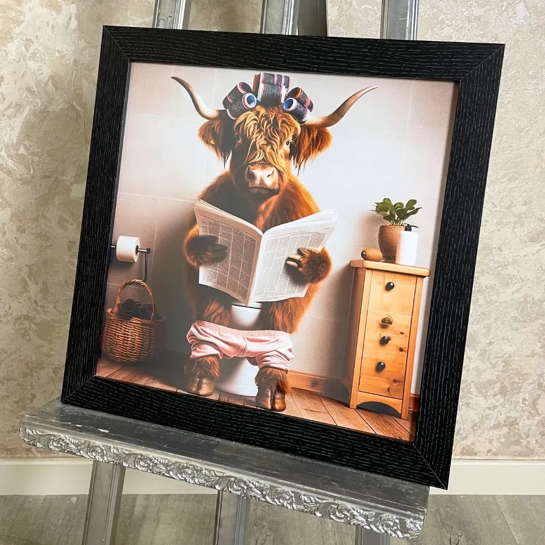 Lady Highland Cow on the Lavatory Square Framed Artwork - Black product