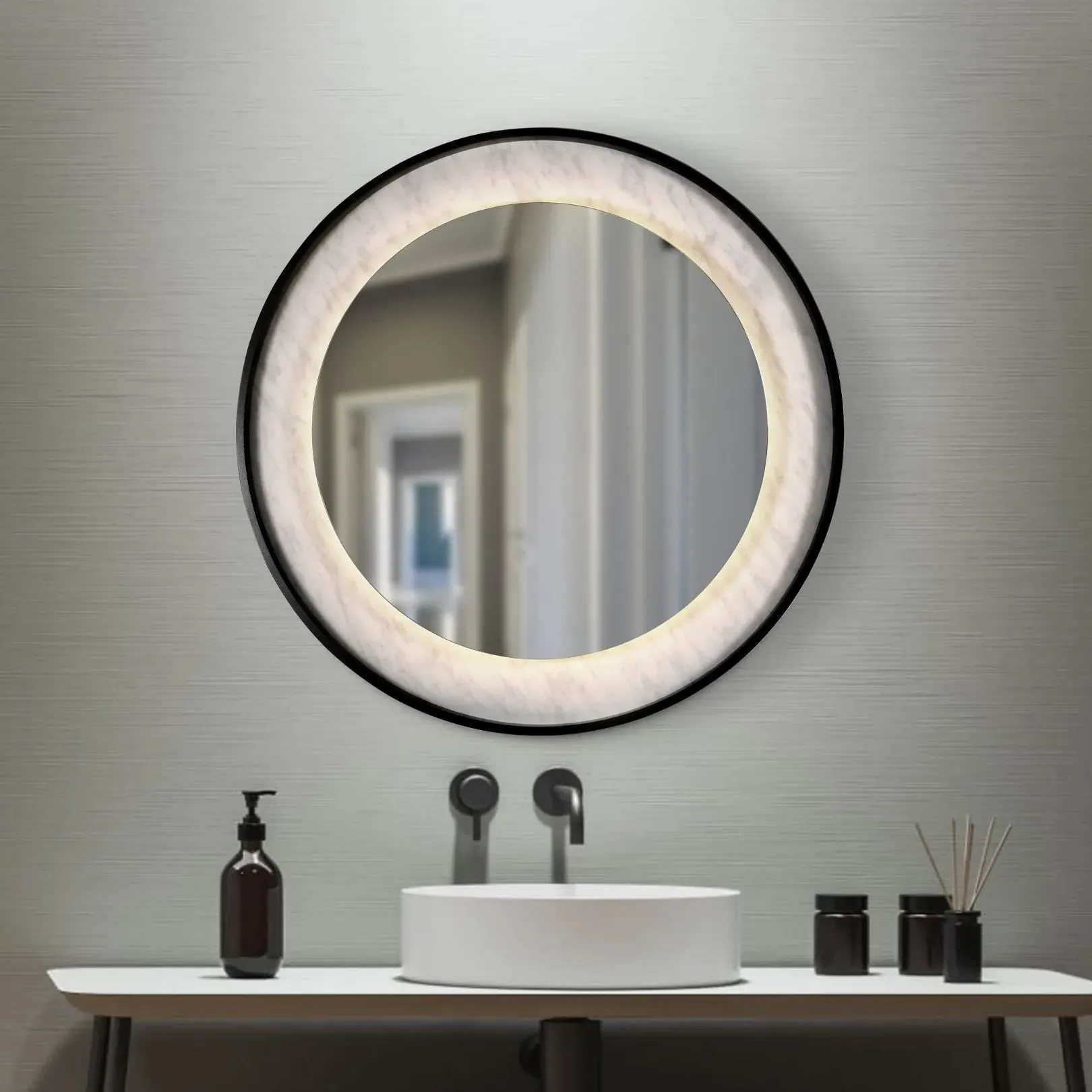 Luxo Round LED Mirror - Black, Marble Effect product