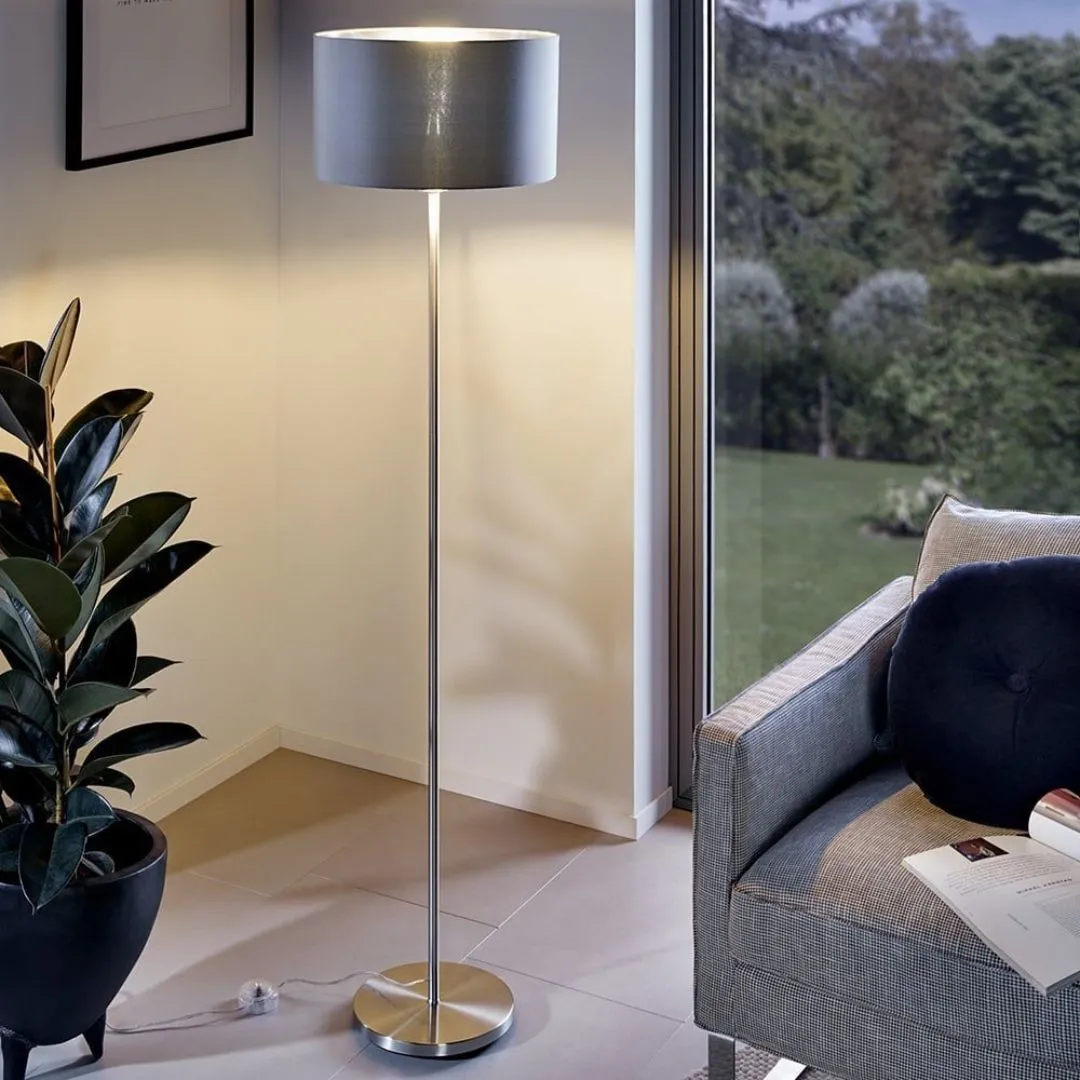 Maserlo Floor Lamp with Silver Drum Shade - Satin Nickel product