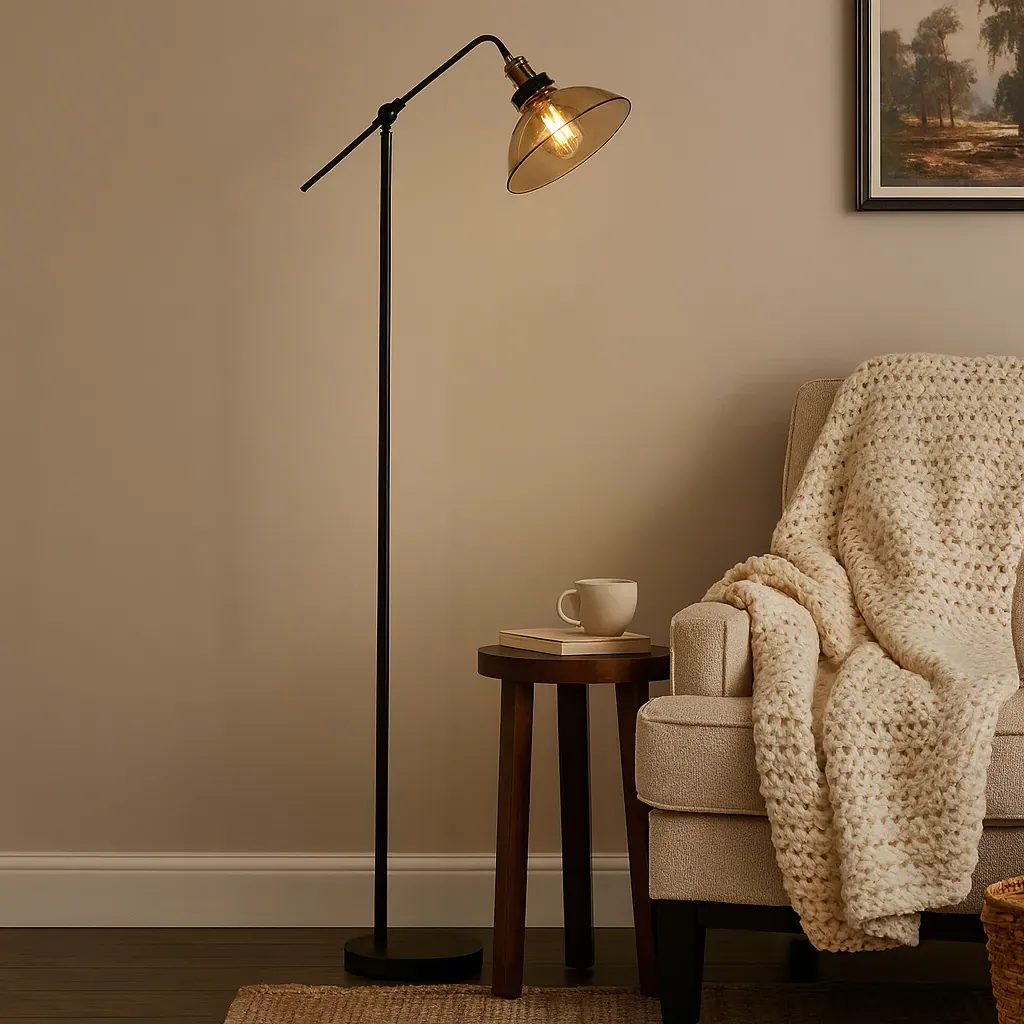 Melina Task Floor Lamp - Antique Brass, Amber Glass product