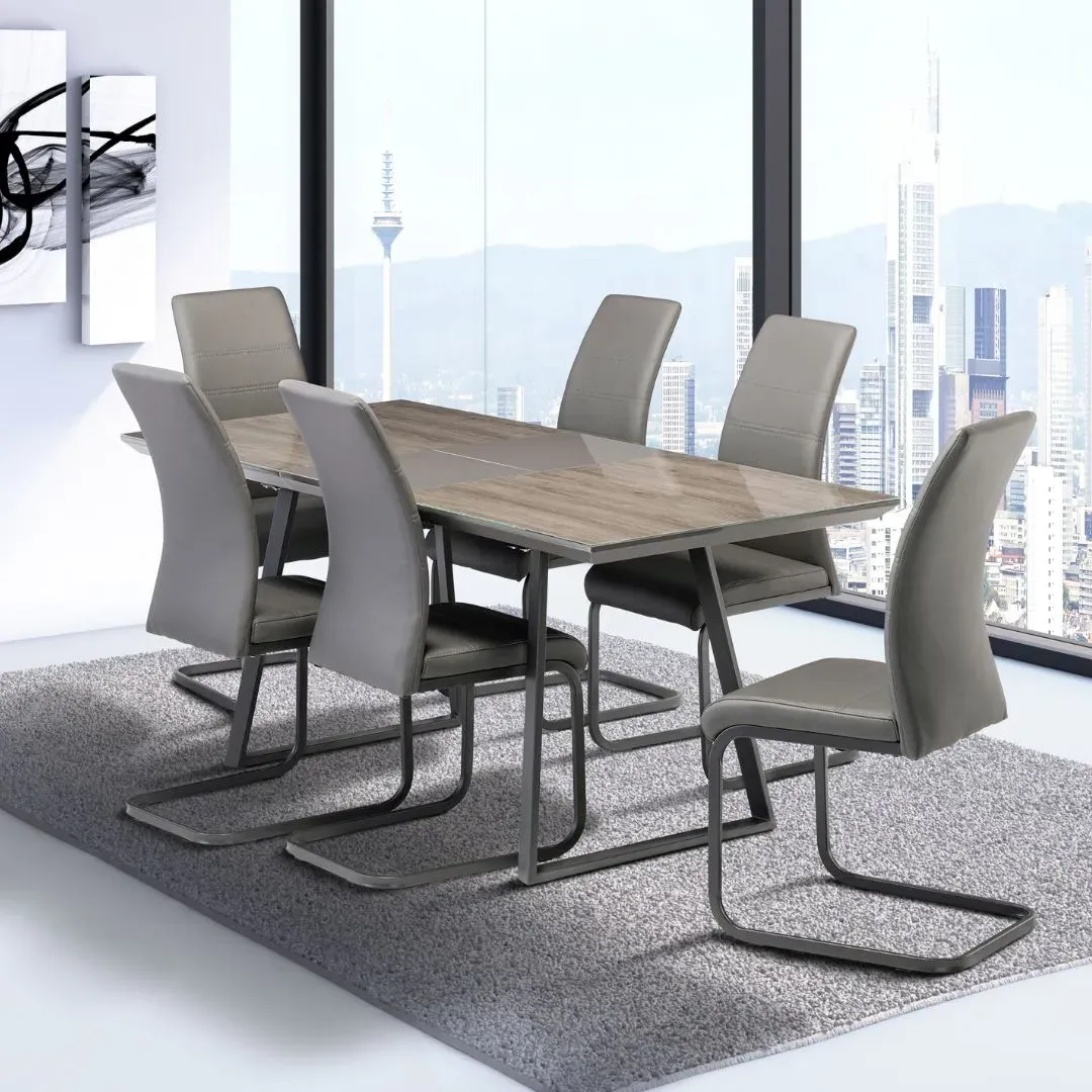 Michigan Extendable Dining Table and 6 Chair Set - Grey Oak, Glass product