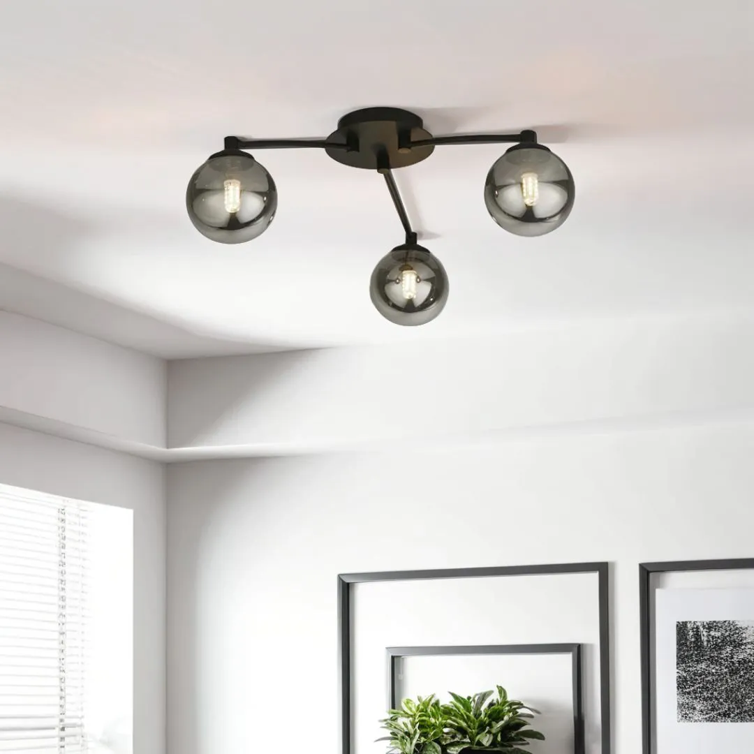 Navarro 3-Light Flush Ceiling Light - Black, Smoked Glass product