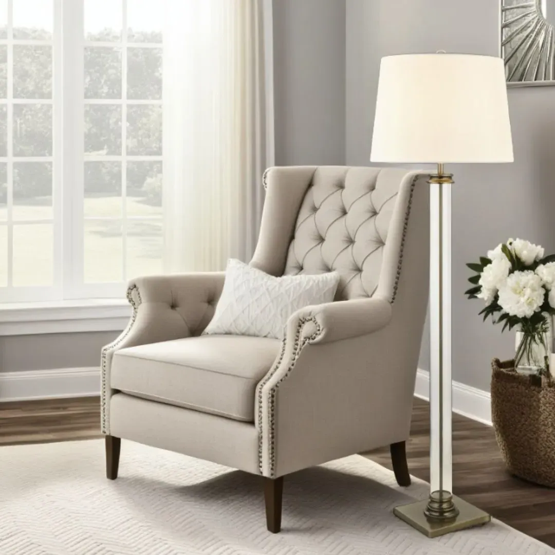 Pedestal Floor Lamp with Cream Shade - Antique Brass, Glass product