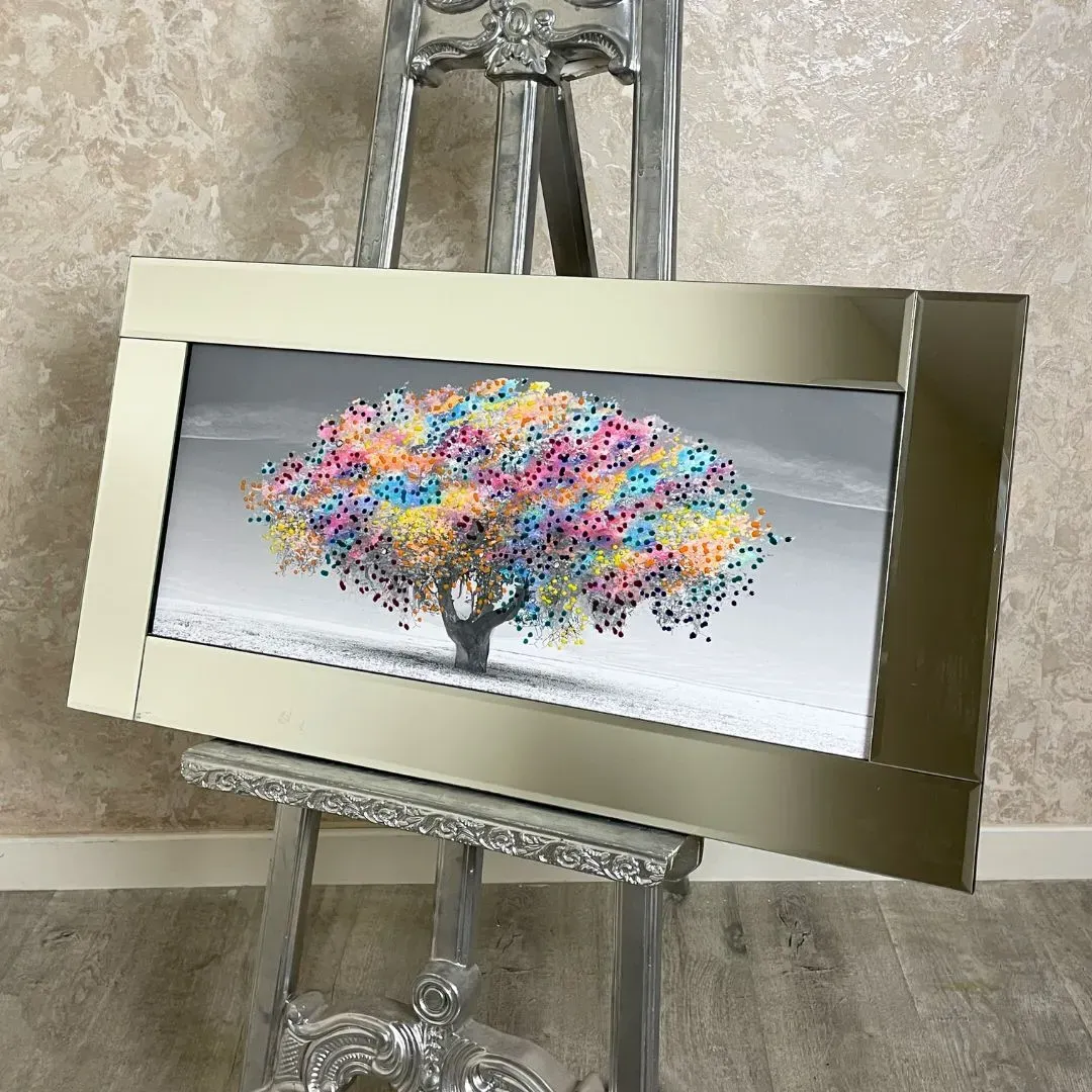 Rainbow Blossom Tree Wall Art - Silver Mirror Frame product