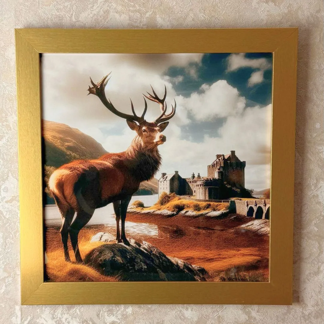 Stag at Eilean Donan Castle Square Wall Art - Gold Frame product