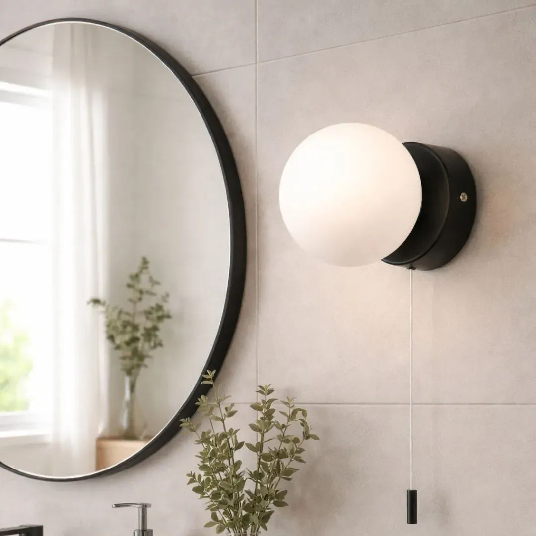 Toronto Wall Light IP44 with Pull Cord - Matt Black, Frosted Glass product