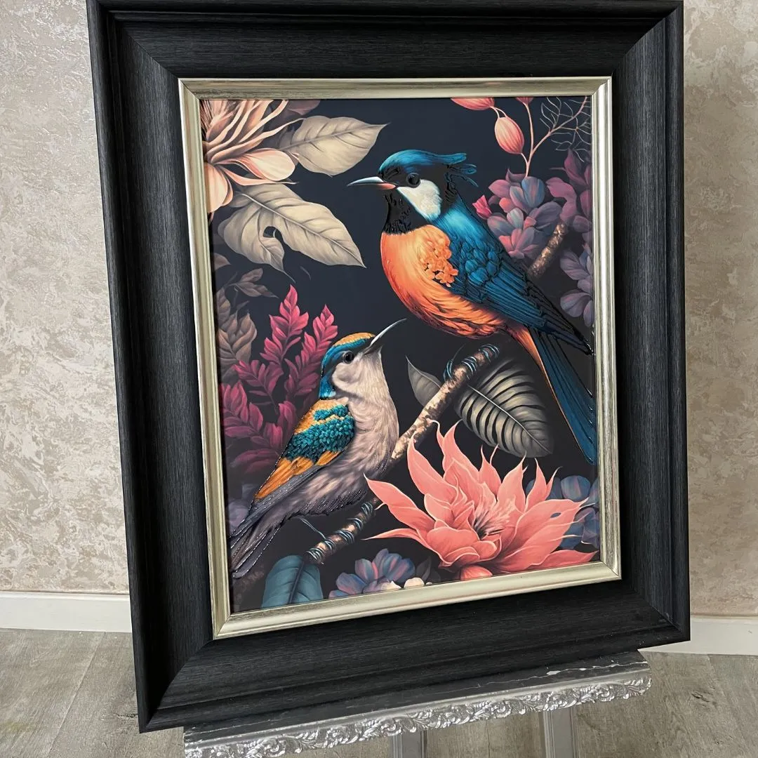 Twin Parrots Framed Digital Print - Black, Gold product