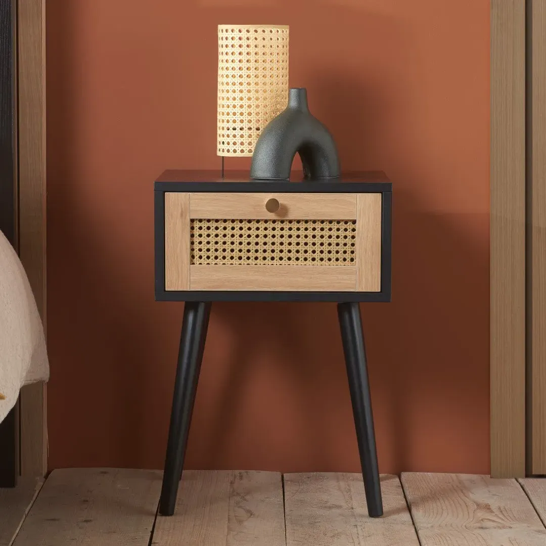 1-Drawer Bedside Table with Rattan - Black image