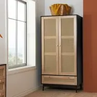 2 Door 1 Drawer Wardrobe - Black, Rattan