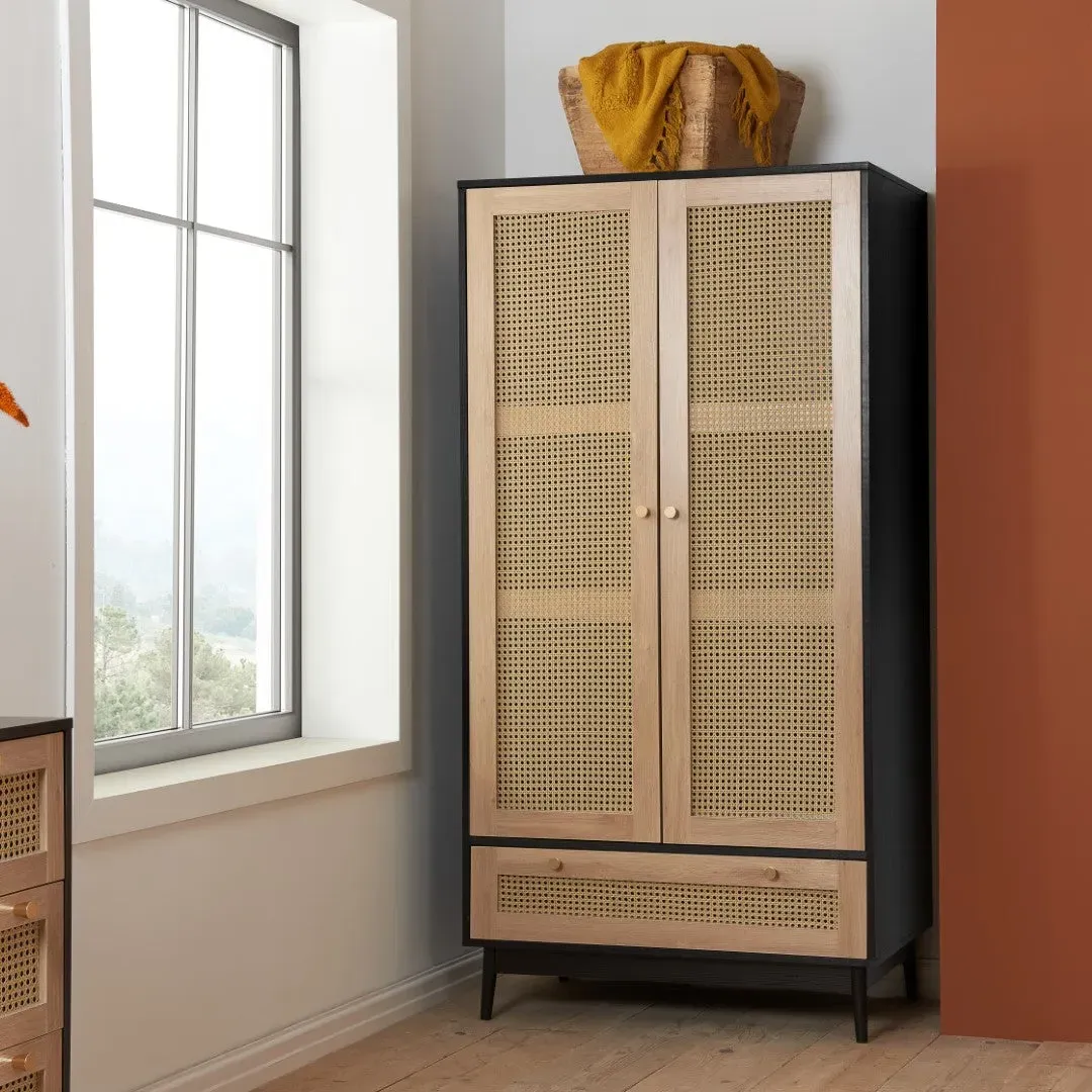 2 Door 1 Drawer Wardrobe - Black, Rattan