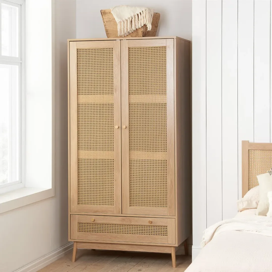 2-Door 1-Drawer Wardrobe - Oak, Rattan