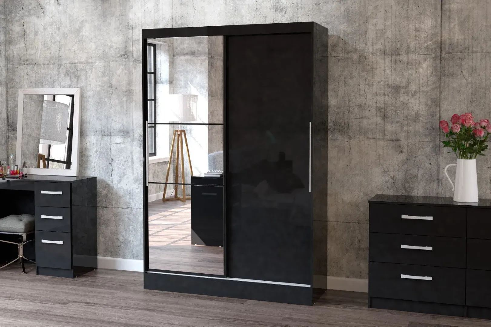 2-Door Sliding Wardrobe with Mirror - Black image