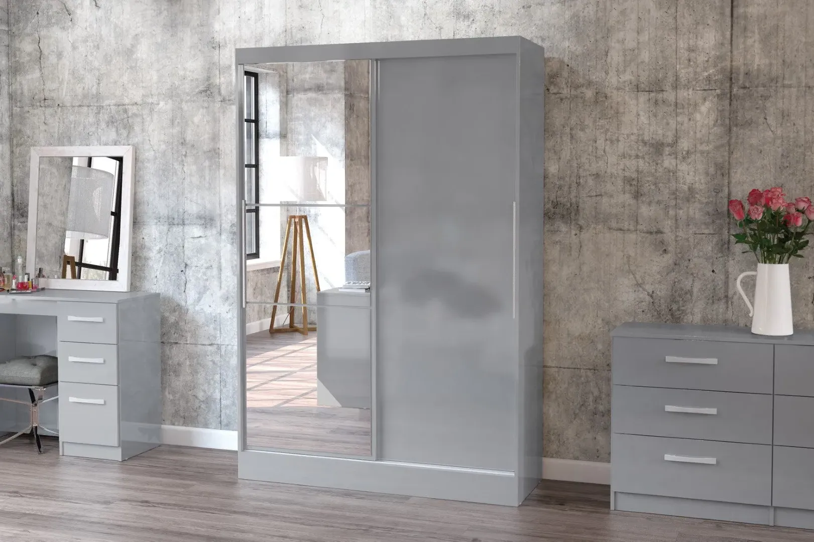 2-Door Sliding Wardrobe with Mirror - Grey