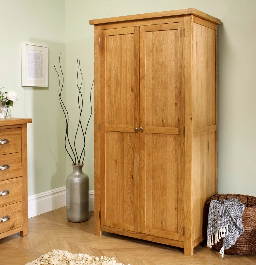 2-Door Wardrobe with Hanging Rail - Oak, Solid Wood