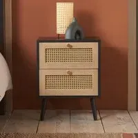 2-Drawer Bedside Table with Rattan - Black