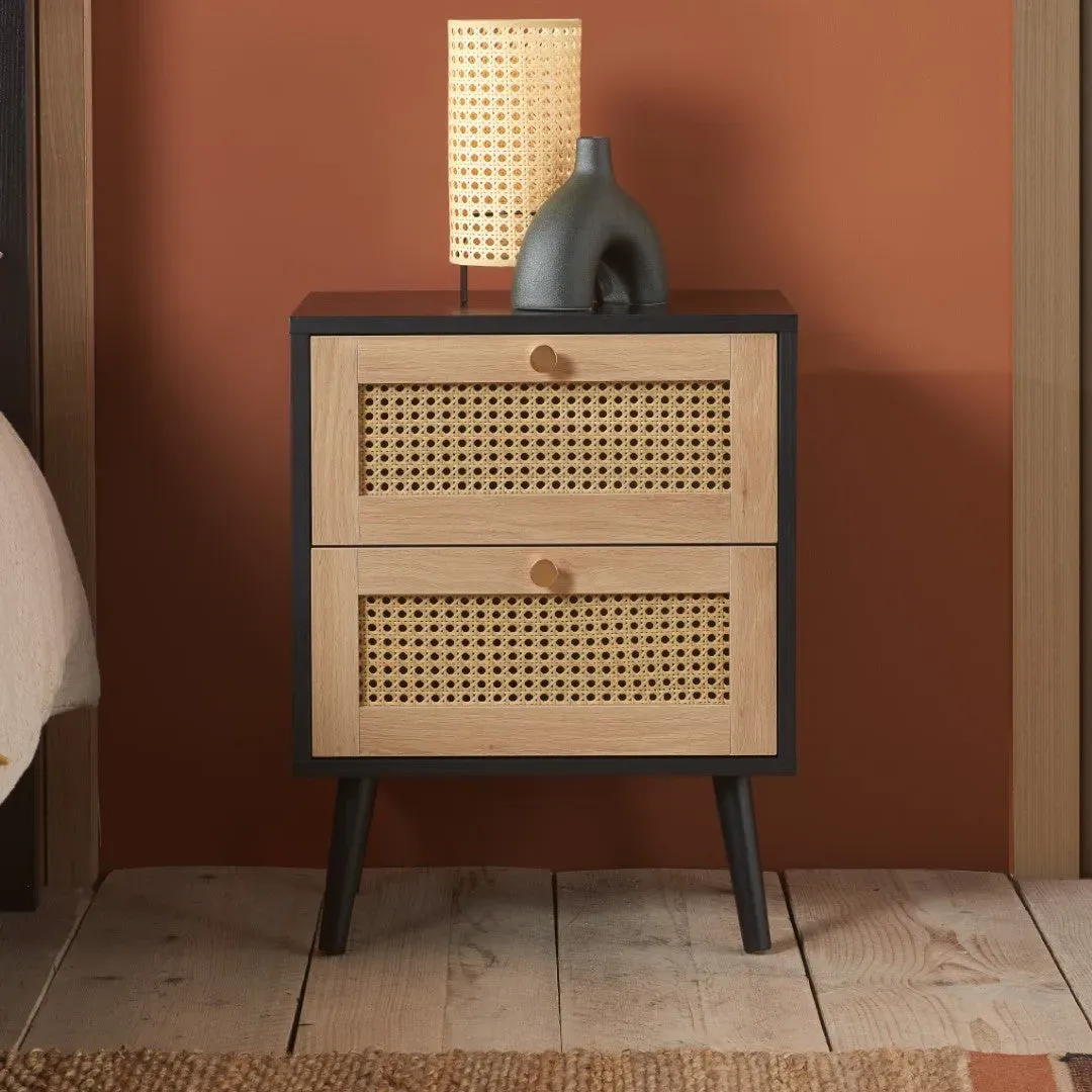 2-Drawer Bedside Table with Rattan - Black