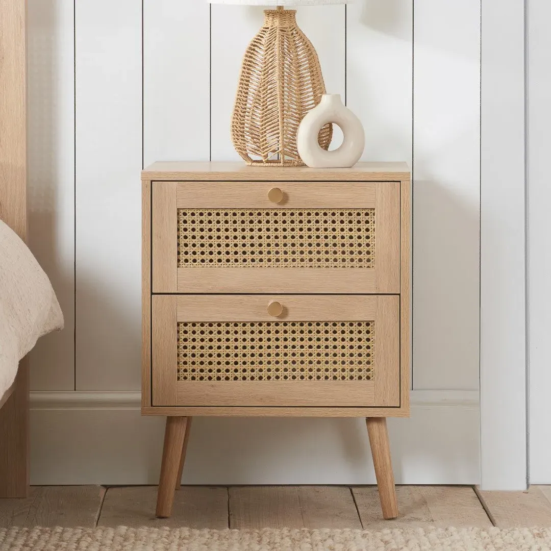 2-Drawer Bedside Table with Rattan - Oak
