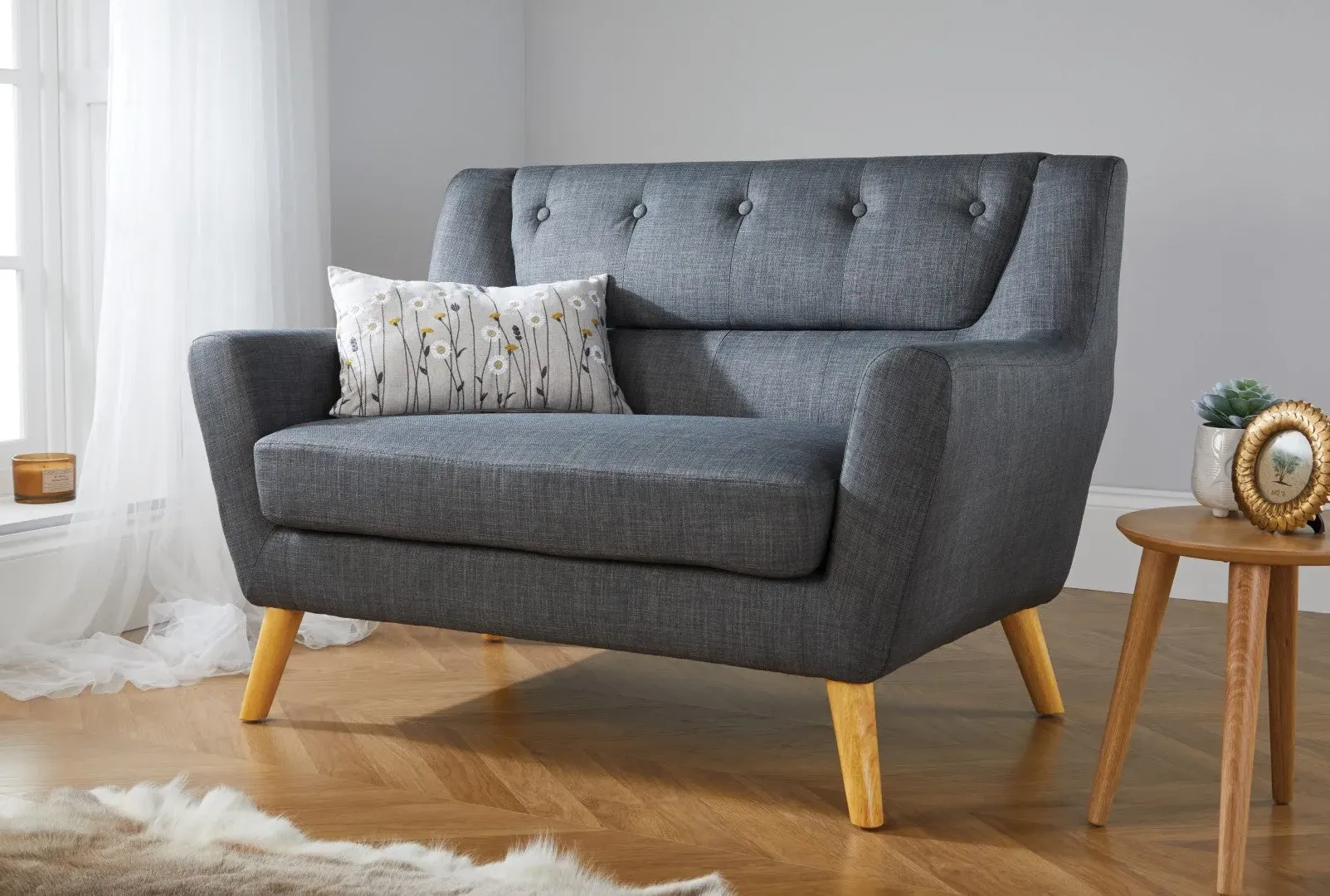 2-Seater Sofa with Button Back - Grey, Fabric