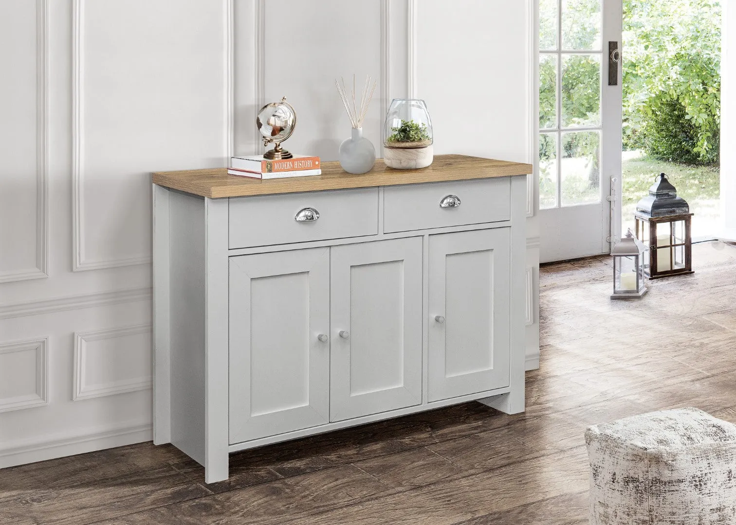 3 Door 2 Drawer Sideboard - Grey, Oak