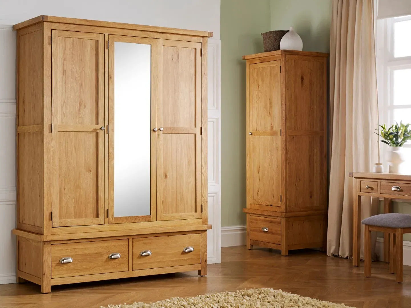3-Door 2-Drawer Wardrobe with Rails - Oak, Solid Wood
