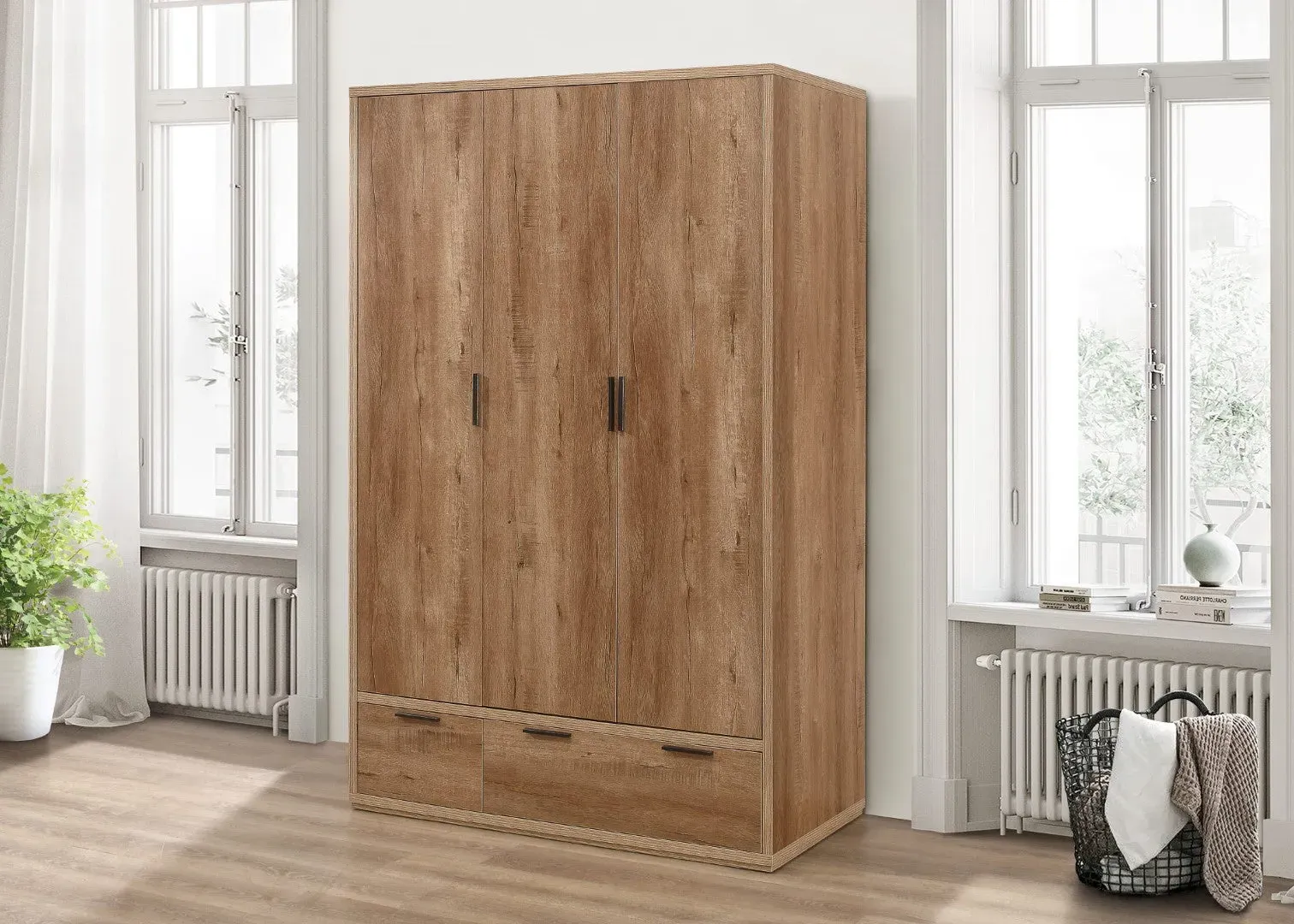 3-Door Wardrobe with Drawers - Oak, Particle Board image