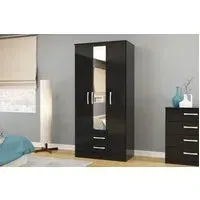 3-Door Wardrobe with Mirror - Black, High Gloss