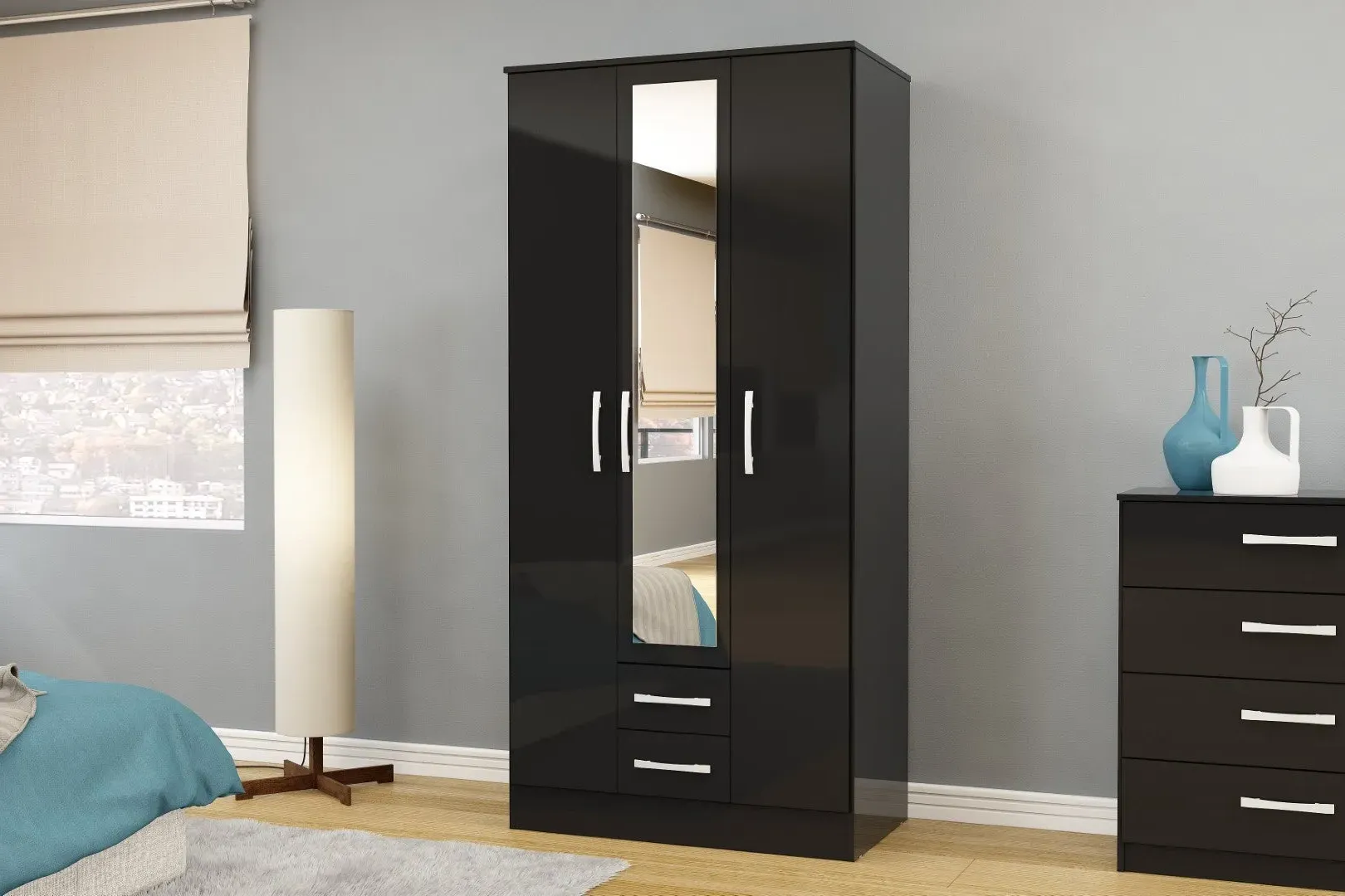 3-Door Wardrobe with Mirror - Black, High Gloss image
