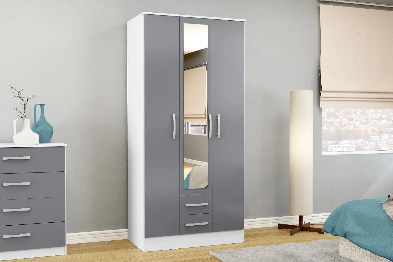 3-Door Wardrobe with Mirror - White & Grey, MDF image