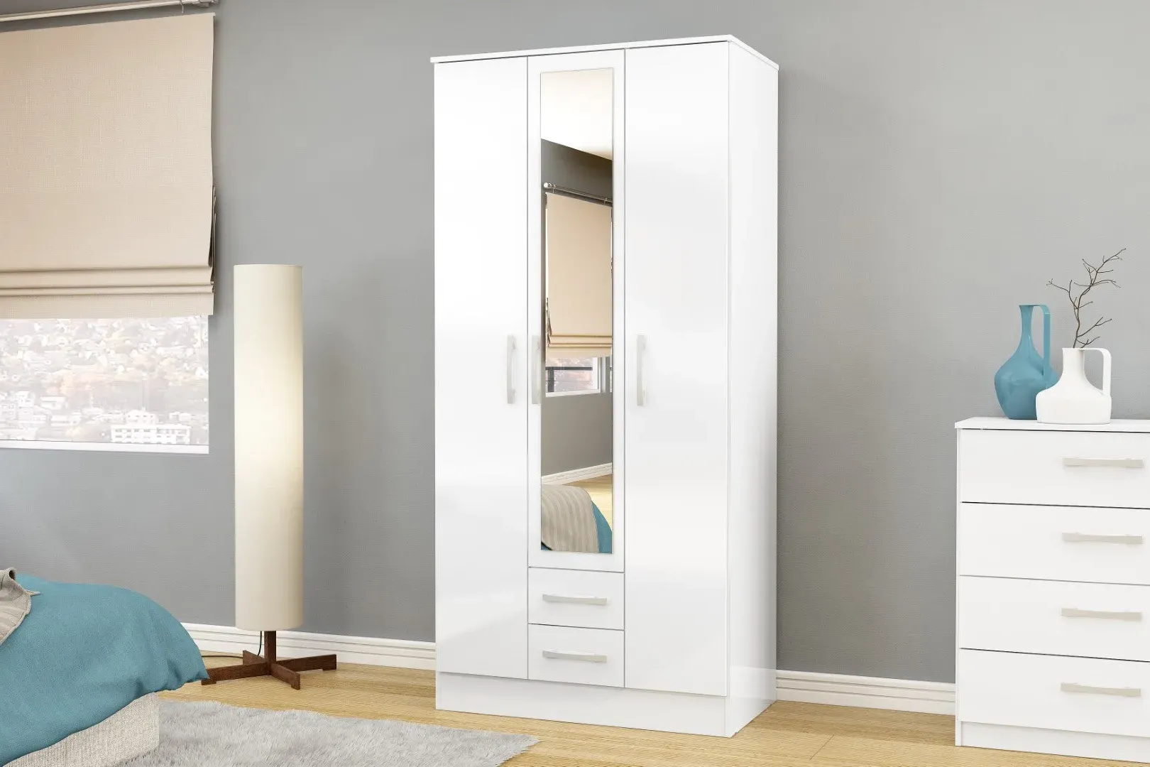 3-Door Wardrobe with Mirror - White, High Gloss