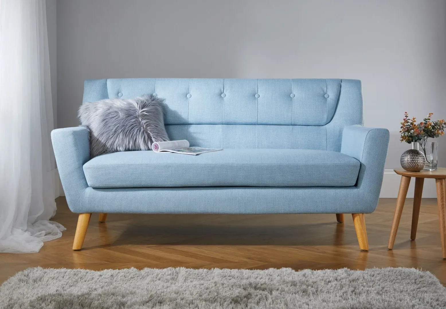 3-Seater Sofa with Button Back - Blue, Fabric