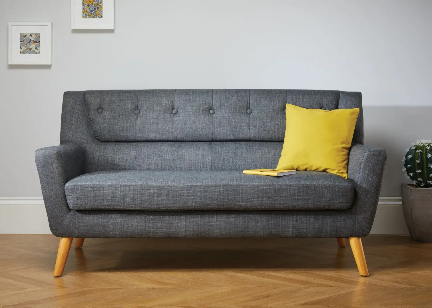 3-Seater Sofa with Button Back - Grey, Fabric
