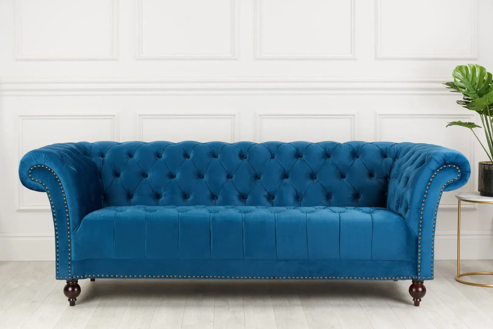 3-Seater Sofa with Button Detail - Blue, Fabric