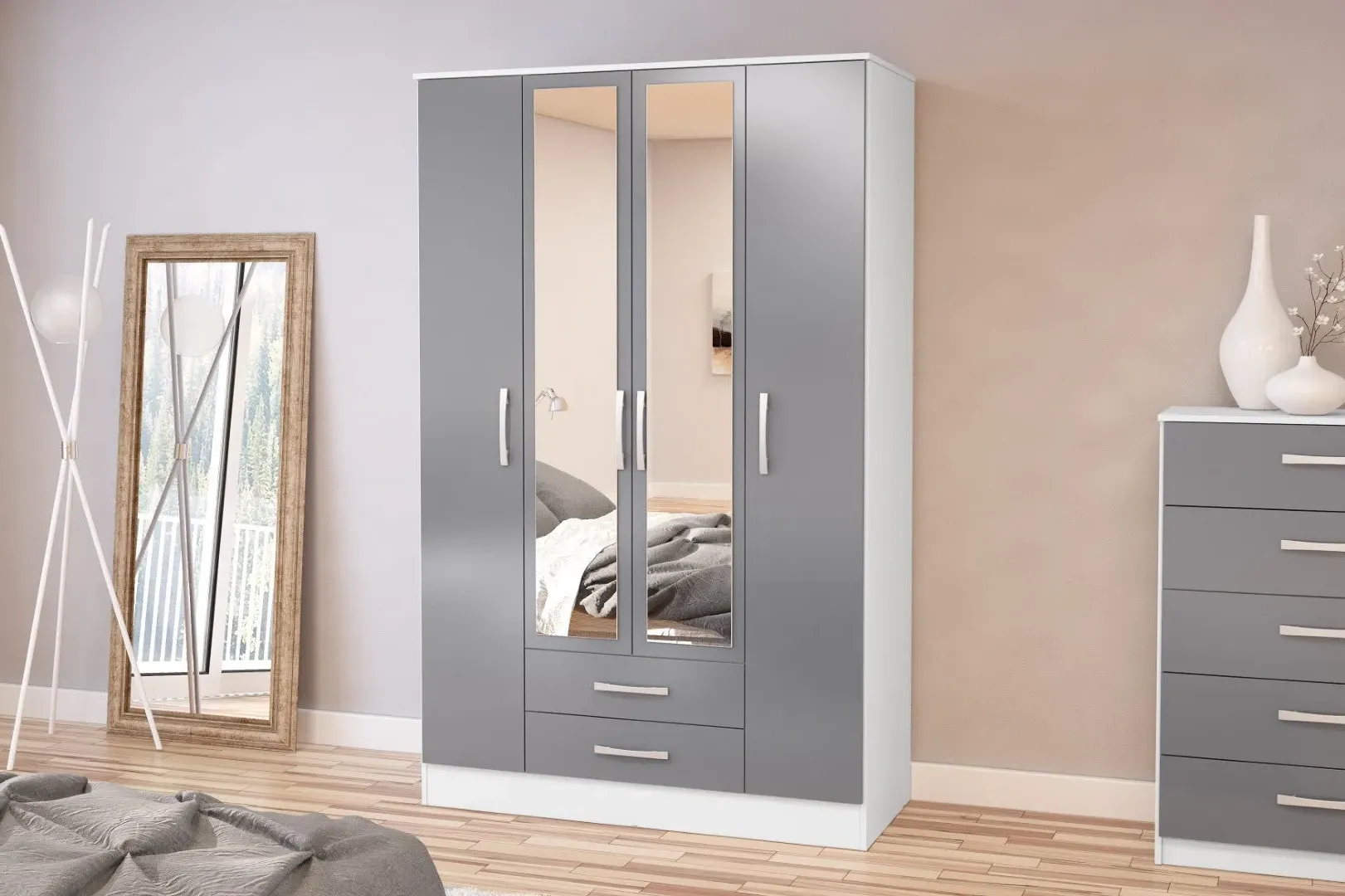4-Door Wardrobe with Mirror - White & Grey, MDF