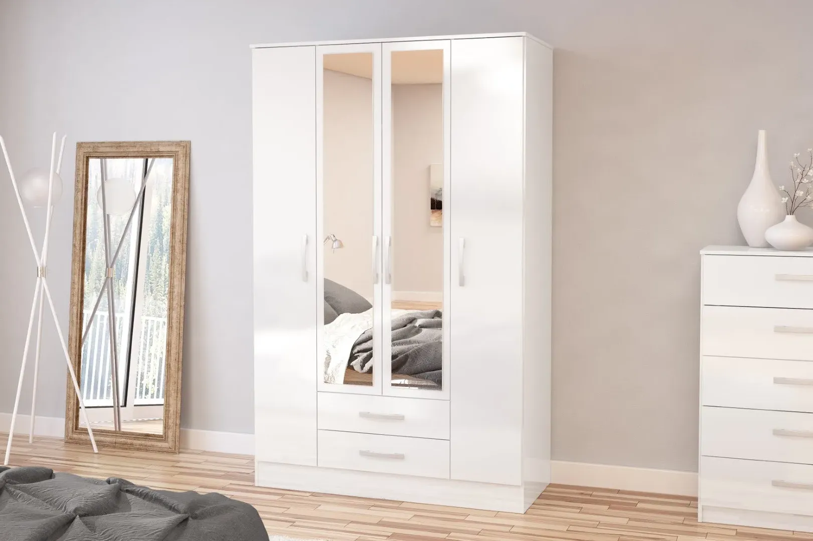 4-Door Wardrobe with Mirror - White, High Gloss