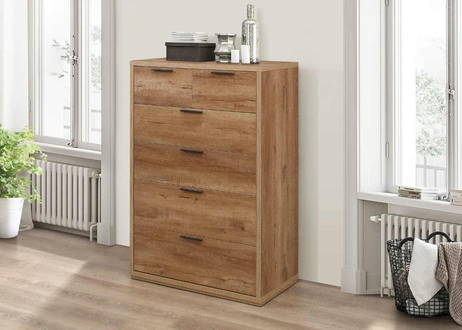 4+2 Drawer Chest with Black Handles - Oak