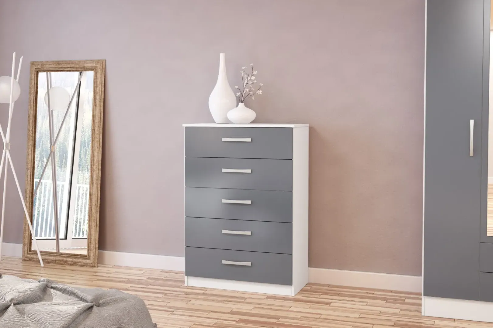 5-Drawer Chest with Silver Handles - White