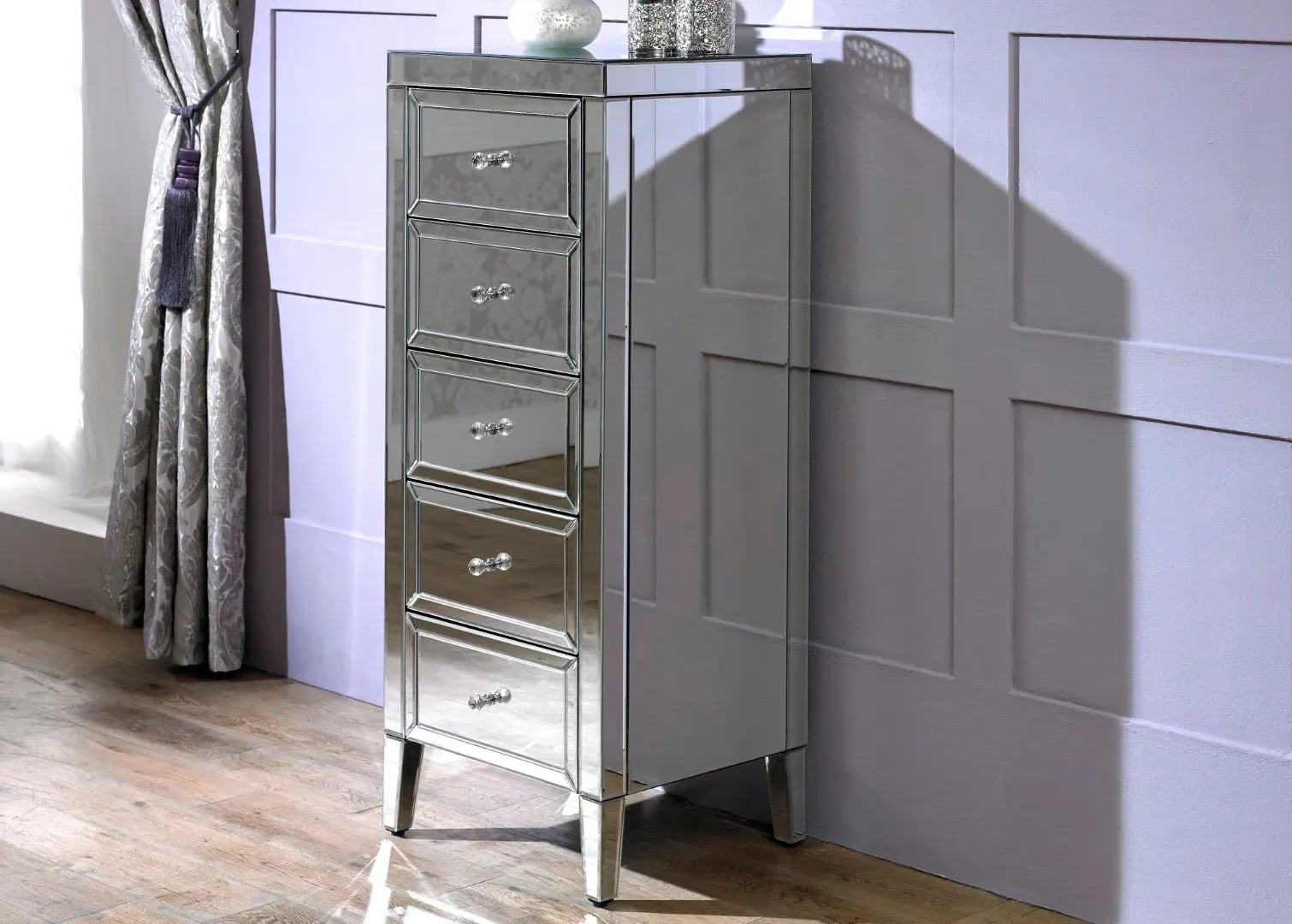 5-Drawer Narrow Chest with Crystal Handles - Mirror