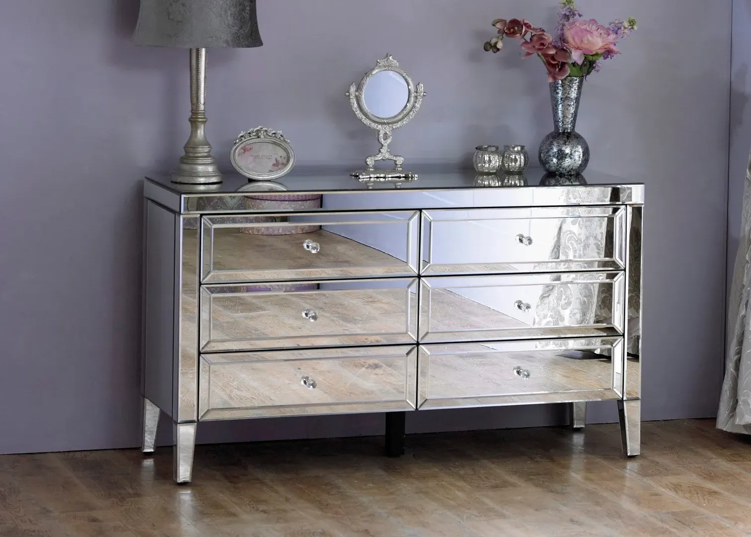 6-Drawer Chest with Crystal Handles - Mirror
