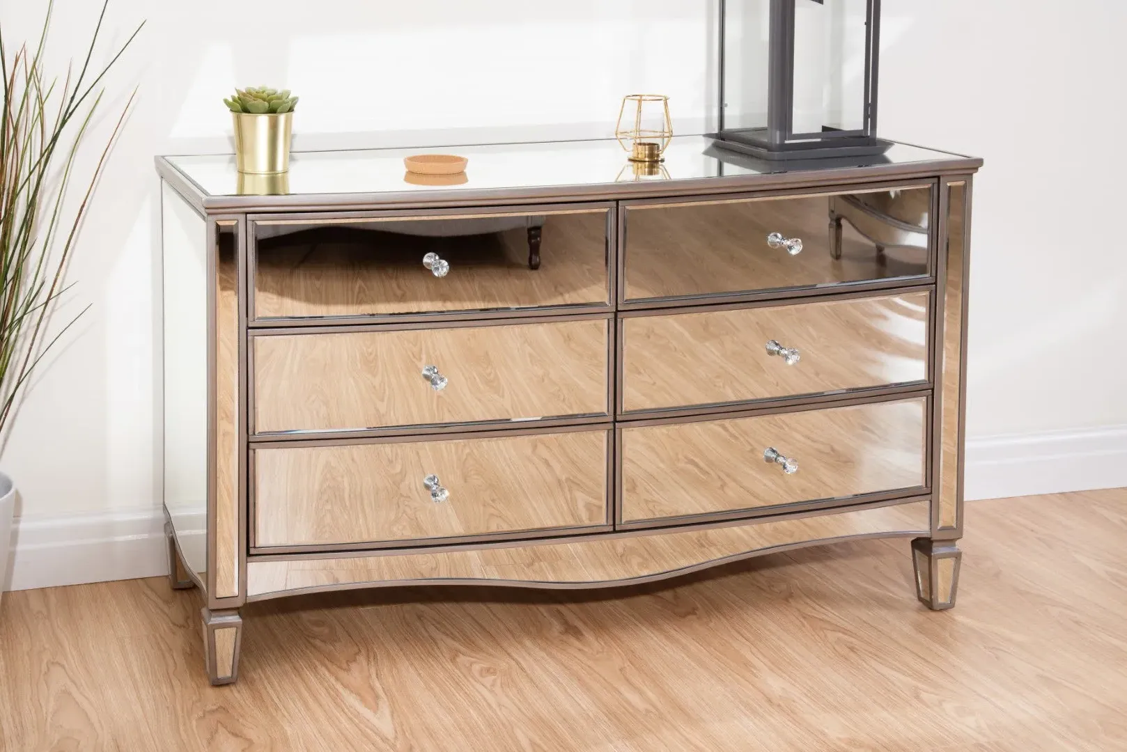 6-Drawer Wide Chest - Mirrored, Glass