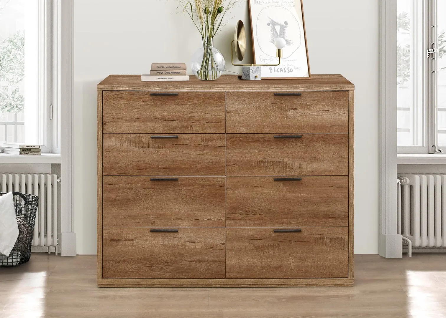 8 Drawer Merchant Chest with Handles - Oak