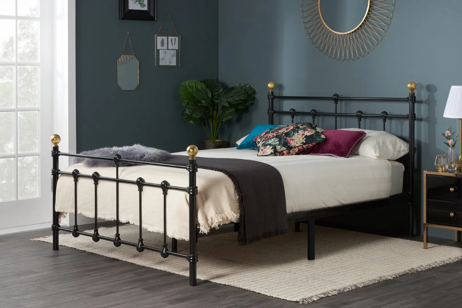 Double Bed Frame with Brass Finials - Black, Metal