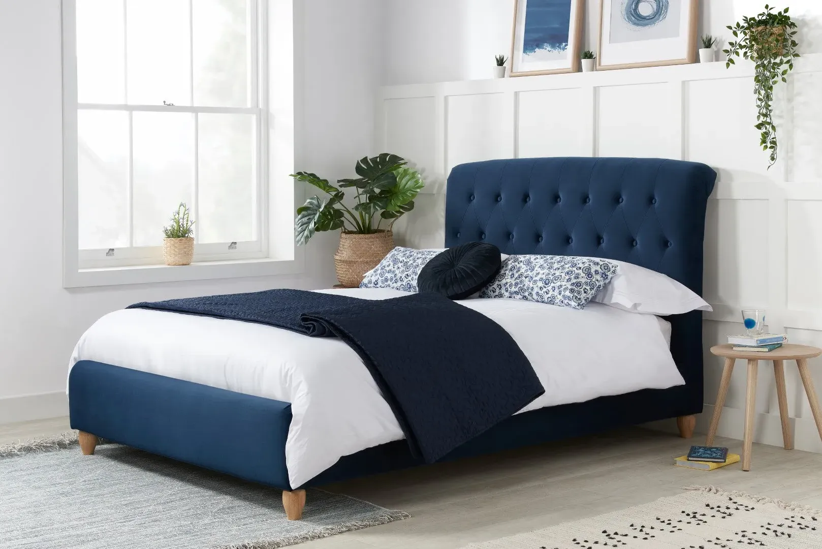 Double Bed Frame with Buttoned Headboard - Blue, Fabric image